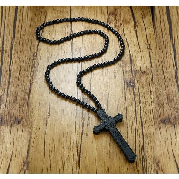 Trä stort långa krucifix radbandskors katolska Jesus hänge halsband för män och kvinnor