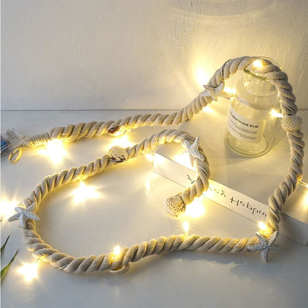 LED-skal-fe-ljus, 15 LED-lampor, sjöstjärneskal, havsbatteridriven, 1,5 m (beige bomullsrep) Beige