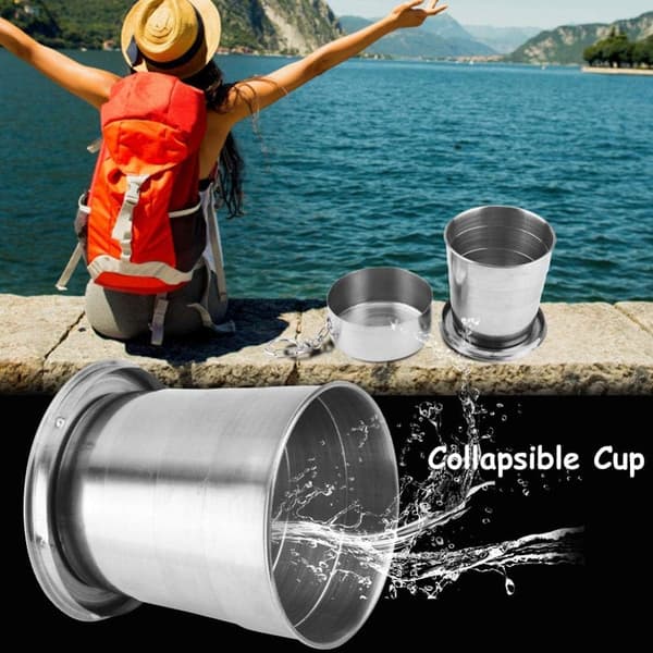 Rostfritt stål mugg, Camp Keychain Design Retractable Telescopic Mug Metallmugg Stapelbar（XL) 250ml