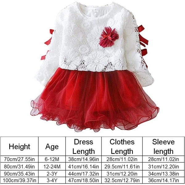 Babyflicka spetskjol, långärmad söt rosett prinsessklänning vår (röd, 70 cm) 73cm