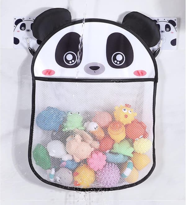 Panda badelekeoppbevaring, badenett for leker med 2 selvklebende kroker, 2 sugekopper