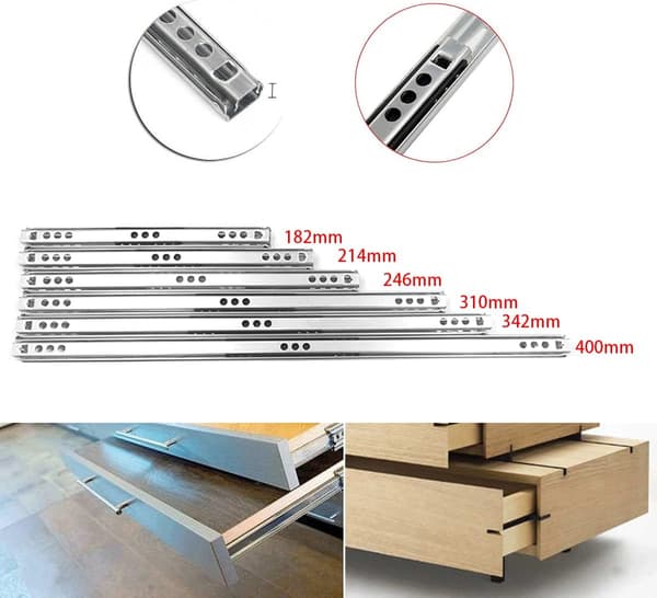 Skuffeskinne, B17mm 1 par metalskuffeskinner med kugleleje til møbelskuffe (400mm længde)