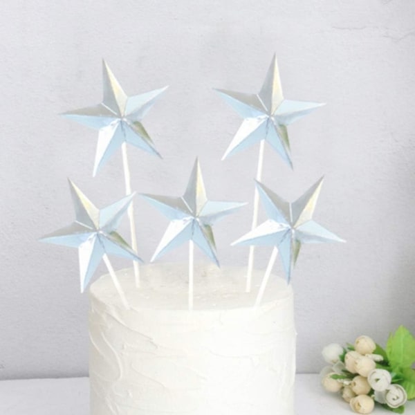 60st 3D Star Cupcake Toppers Silver Star Cake Toppers Dessert tårtdekor Festtillbehör, Silver silver