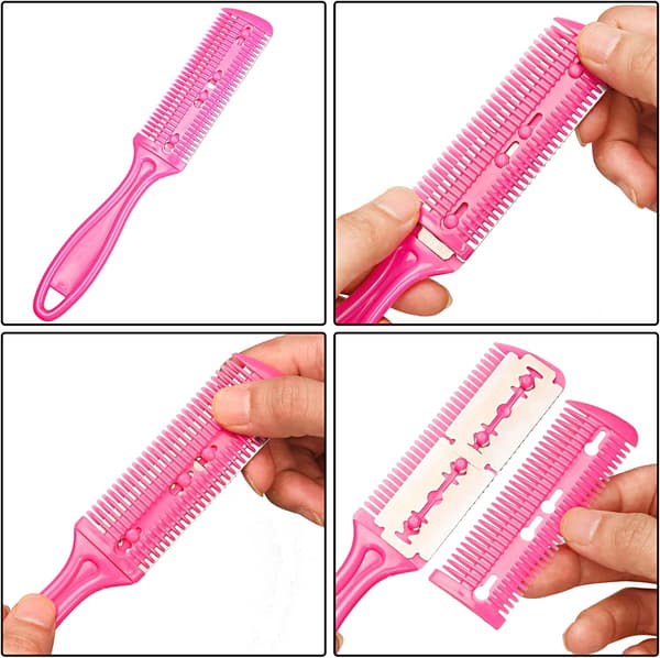 1 stk. barberkam hårtynnerkammer, dobbeltsidig hårkutter i rustfritt stål hårstyling (rosa)