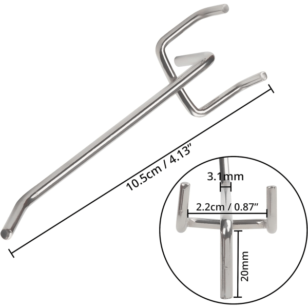 50 st krokar för perforerade paneler, avstånd mellan hål 25 mm tjocklek 32 mm längd 10,5 mm väggkrokar garage (silver)