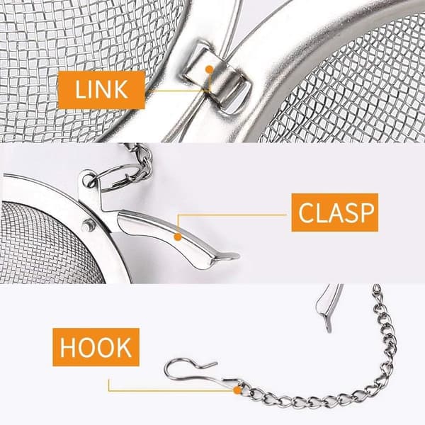 2 stk. teball i rustfritt stål med nettingrem og kjede, 5,5 cm tesil 5.5cm