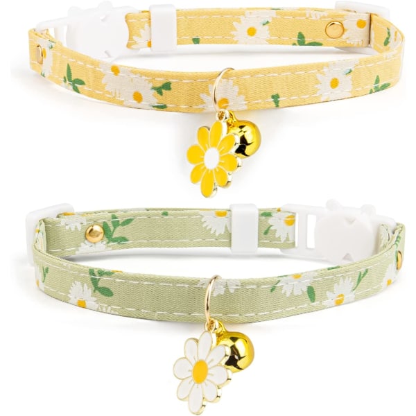 2 katthalsband i bomull med klockor, gula och gröna blommor Söt katthalsband Kattungehalsband för flickor, pojkar och katter