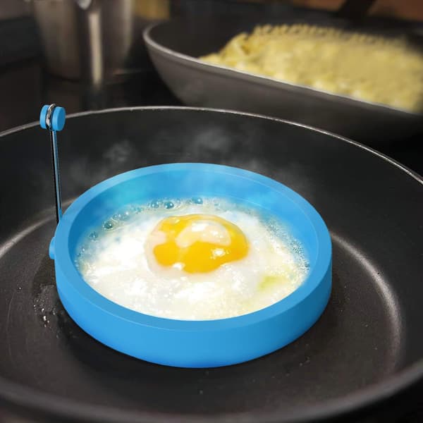 4 stk silikon eggering/pannekakeform. Runde silikon kokeringer med håndtak (blå) blue