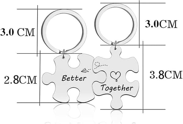 2 stk. nøgleringe i rustfrit stål vedhæng puslespil sølv indgraveret \"Better Together\" Valentinsdagsgave