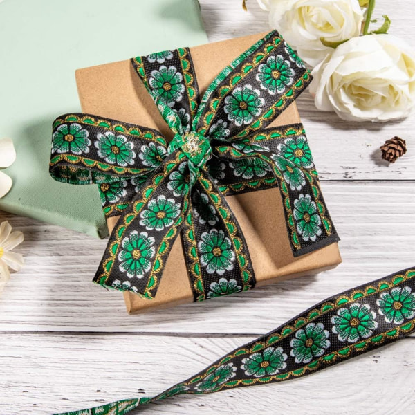 7 m blommigt broderat jacquardband Vintage vävt trim för utsmyckning hantverk (grön) Green