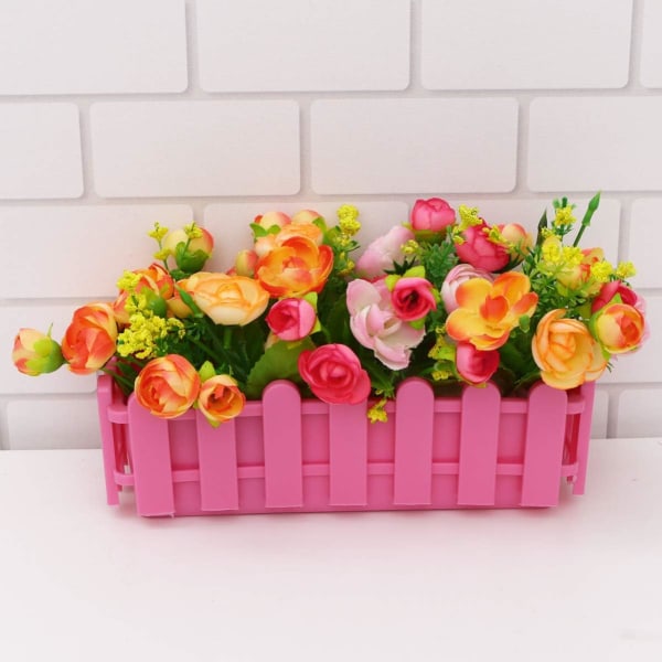 Mini Flower Box Staket Design Plast Blomkruka Bonsai Desktop Ornament（Rosa）