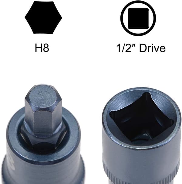 1/2\" Drive x H8(8mm) Hex Bit Socket, S2 Steel Bits, CR-V Sockets Metric 2\" Längd Blå 8mm