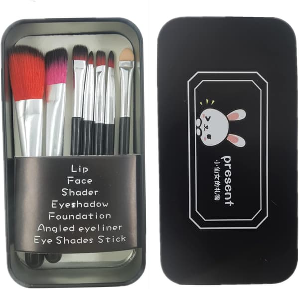 7-delt makeupbørstesæt, foundation øjenbryn eyeliner børste - pink med etui (sort) Black
