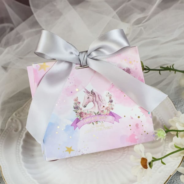 8 st bröllopsgäster rosa påse, enhörningsgodis festligt bröllopskort