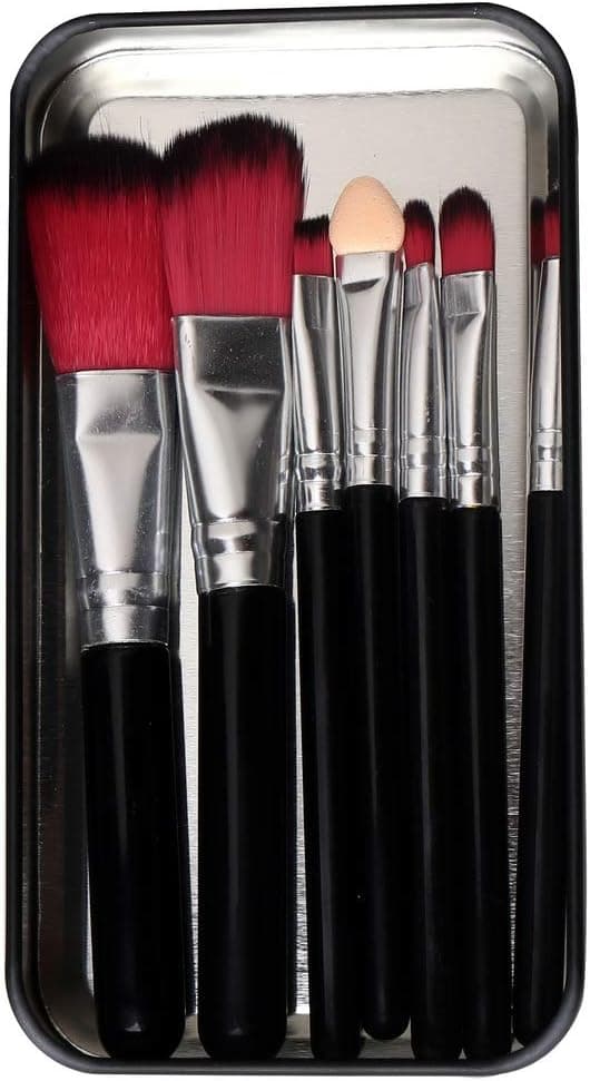 7-delt makeupbørstesæt, foundation øjenbryn eyeliner børste - pink med etui (sort) Black