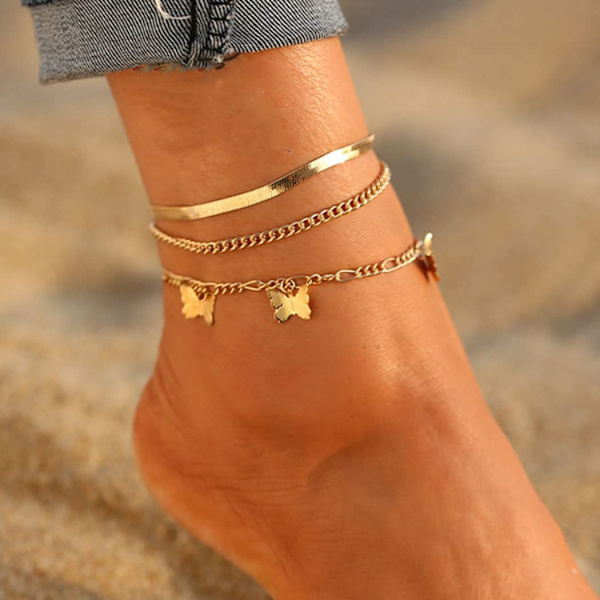 Boho Fjärilslager Guld Ankellänkar Strand Orm Ben Kedjor för Kvinnor och Flickor