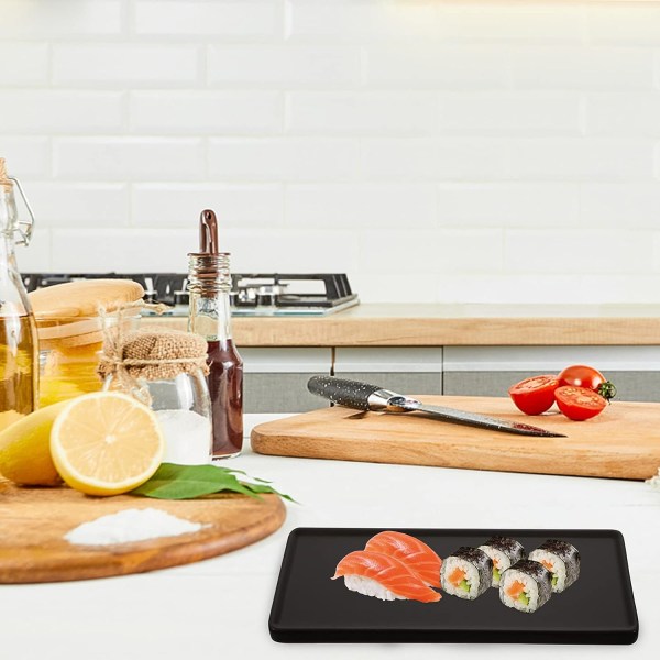 Serveringsbricka för keramisk sushi Svart rektangulär porslinsserveringsfat Festserveringsfat