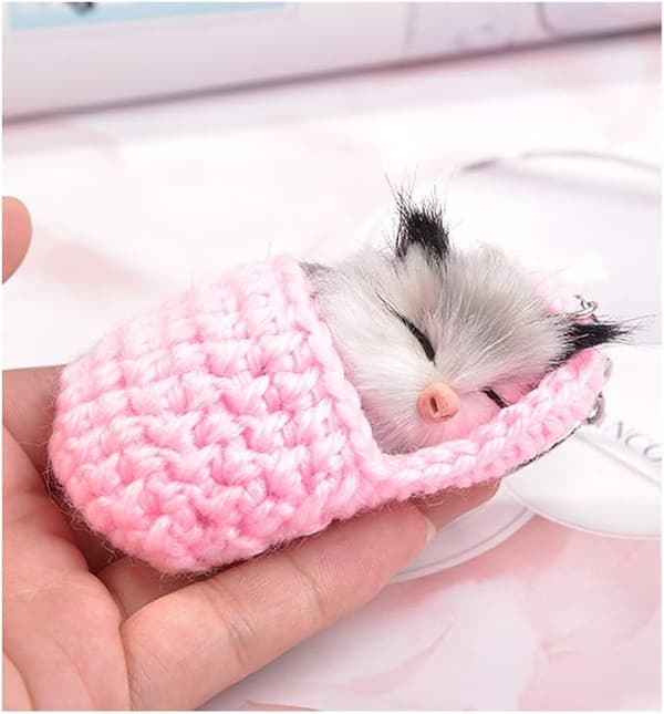 Sød Sovende Pom Pom Kat Nøglering Håndlavet Vævet Fluffy Bil Nøgleringe (Pink)
