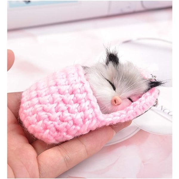 Söt sovande Pom Pom katt nyckelring handgjord vävd fluffig bilnyckelring (rosa)