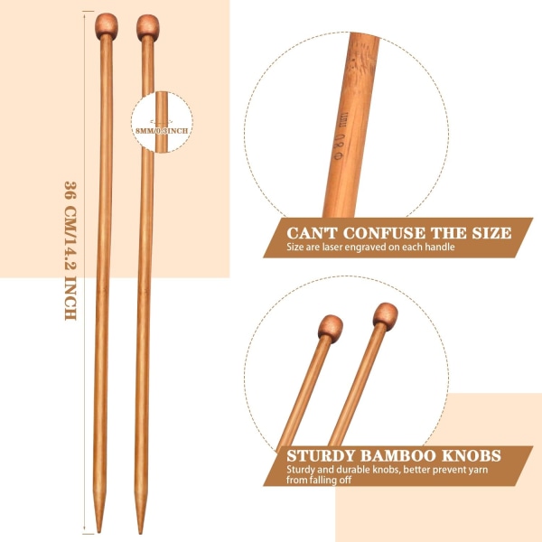 2 st bambu stickningsnålar set raka enkelspetsade stickningsnål längd 14 tum(8 mm)