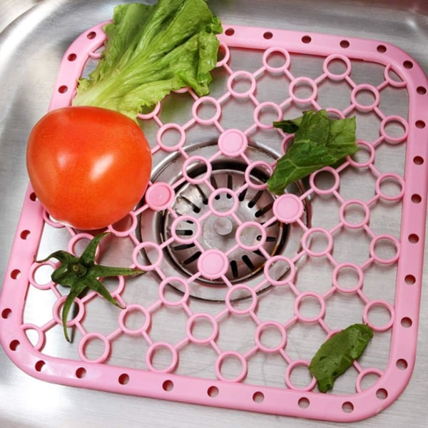 Set med 2 diskbänksmattor, plast med dränering för diskbänksförvaring av bestick och porslin droppbricka (rosa) Pink