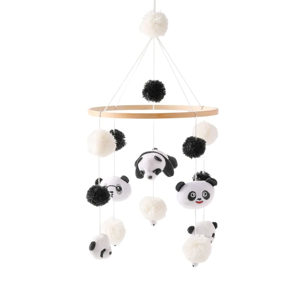Mobil baby trä + ullboll, färska blommor och bin, nyfödd present till baby (Panda)