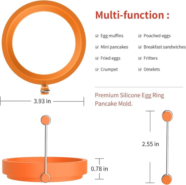 4 stk silikon eggering/pannekakeform. Runde silikon kokeringer med håndtak (oransje) orange