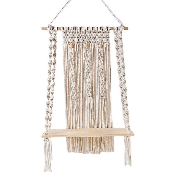 Bohemisk Macrame Vägg Hängande Gobeläng Handvävd med Trähylla
