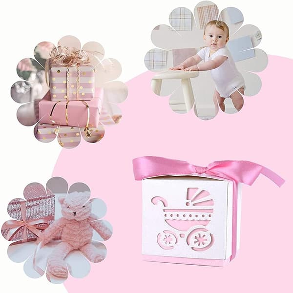 Paket med 50 presentaskar, presentask för nyfödda bebisar, presentaskar för fester, presentask med bandgodis (rosa) Pink