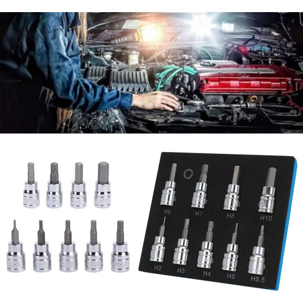 9 st 3/8\" Drive Hex Allen Socket Key Bits Set Kit H2 H3 H4 H5 H5.5 H6 H7 H8 H10 S2 Stål