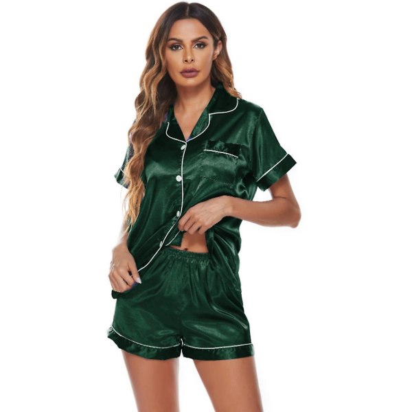 Silk Satin Pyjamas Set Kvinnors Kortärmade Sleepwear Shorts Set green l
