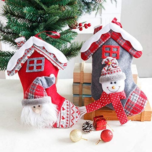 2 st julstrumpor hus jultomte snögubbe hängande presentpåse hängande prydnad för julgran