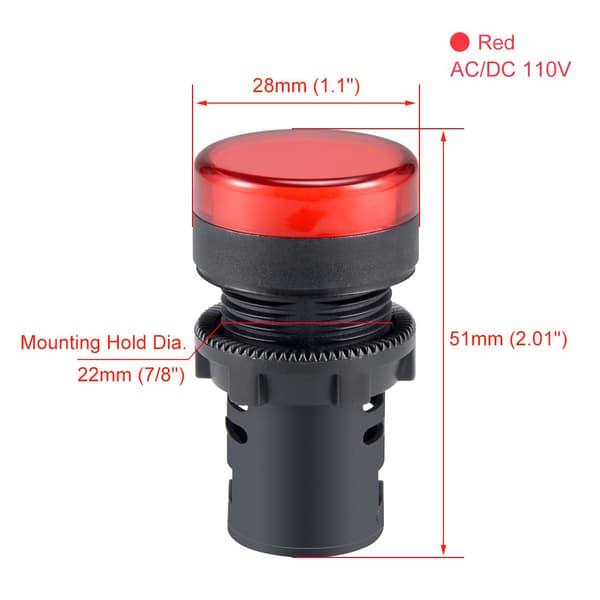 2 stk. AC/DC 110V indikatorlamper, rød LED, planforsænket panelmontering 7/8\" 22mm red