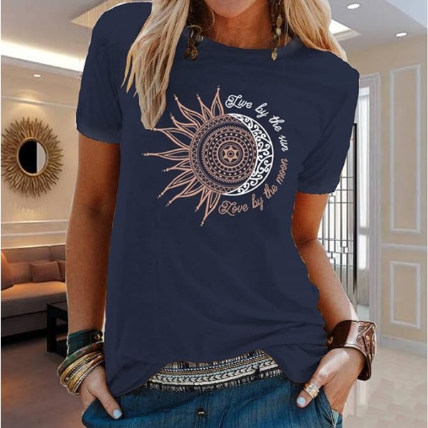 Sommar T-shirt dam Sun and Moon Sunflower Print Mönster T-shirt Crew Neck Basic Casual Top (XL marinblå) navy blue