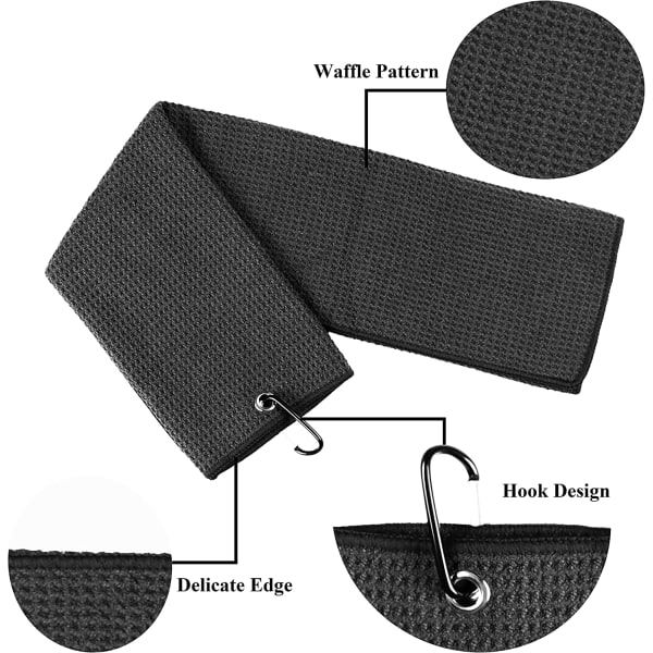 2-pack 16" x 24" Tri-fold golfhanddukar, premium mikrofibertyg våffelmönster (svart) black