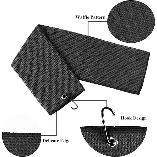 2-pack 16\" x 24\" Tri-fold Golfhanddukar, Premium Mikrofibertyg Våffelmönster (Svart) black