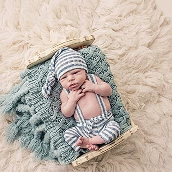 Nyfödd babyfotografering rekvisita kläder randig jumpsuit romper knut mössa för 0-2 månader (blå) color 2