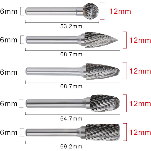 5 st 12 mm huvud volframkarbid roterande spets slipverktyg 6 mm skaft kit