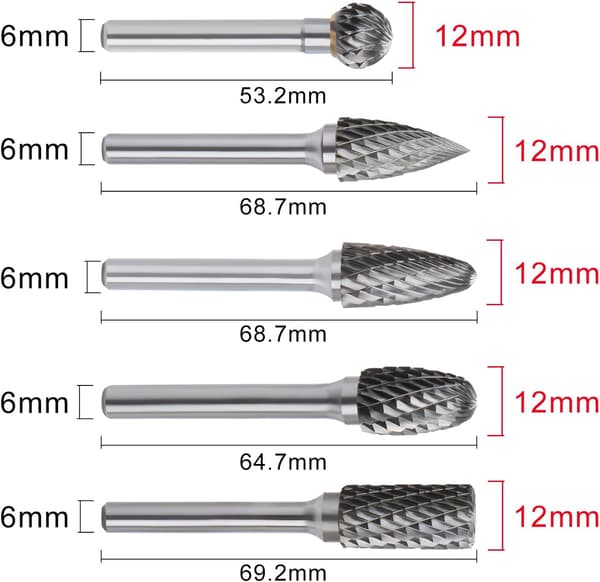 5 stk. 12 mm hoved wolframcarbid roterende spids grat matrice sliber bit 6 mm skaft sæt