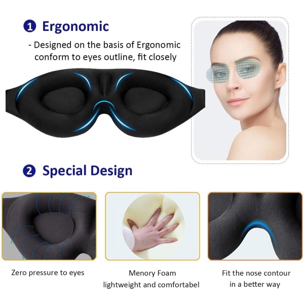 100% Blackout Sleeping Mask 3D Contouring Eye Mask Justerbar Strap Eye Mask