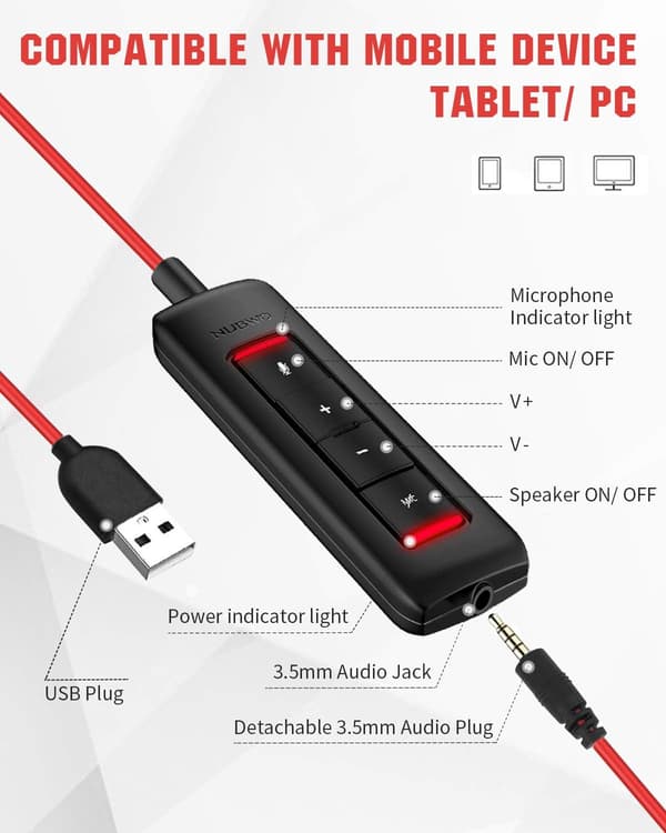 USB-headset med støjreducerende mikrofon, computerheadset med indbygget in-line lydstyrkekontrol