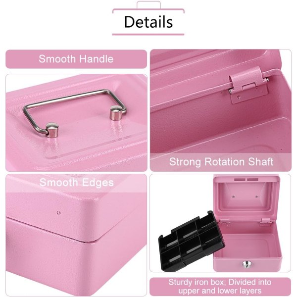 Minipengarbox med lås, pengakassett med 2 nycklar, 12 x 15 x 7,5 cm (rosa)