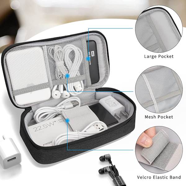 Kabelväska, stor elektronisk väska, arrangör för elektroniska tillbehör, reseväska för kabel, USB-powerbank (svart) black