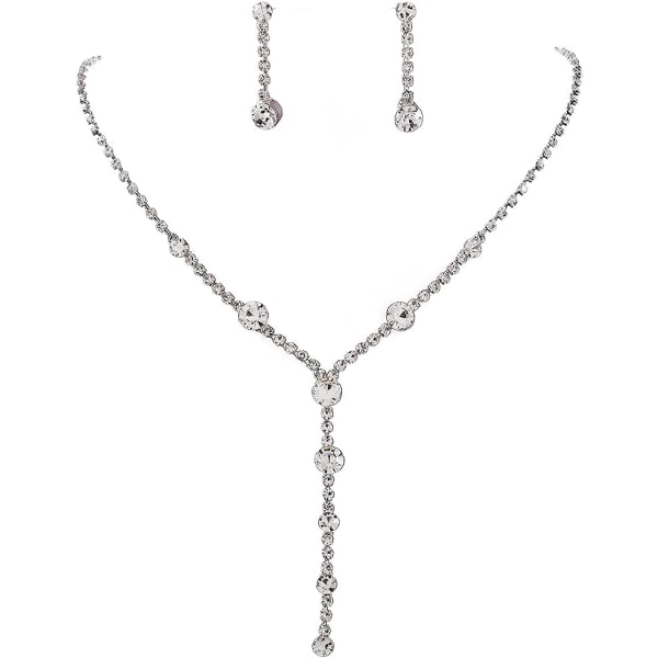 Bröllopssmycke set med silver strass med halsband och glittrande kristallörhängen