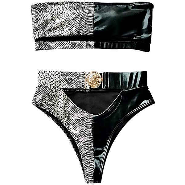 Kvinnors 2-delade sexiga underboob utskurna bikini badkläder silver läder lappverk baddräkt, M crocodile m