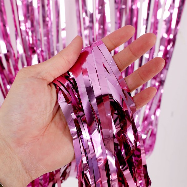 Bitar Rosa Glänsande Metallic Fransgardin Folie Fransgardin Fönstervägg för födelsedagsbröllopsfest (1 * 2,5M) pink