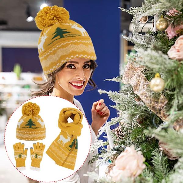 Jul stickad dam vinter varm mössa handskar ren halsduk set yellow