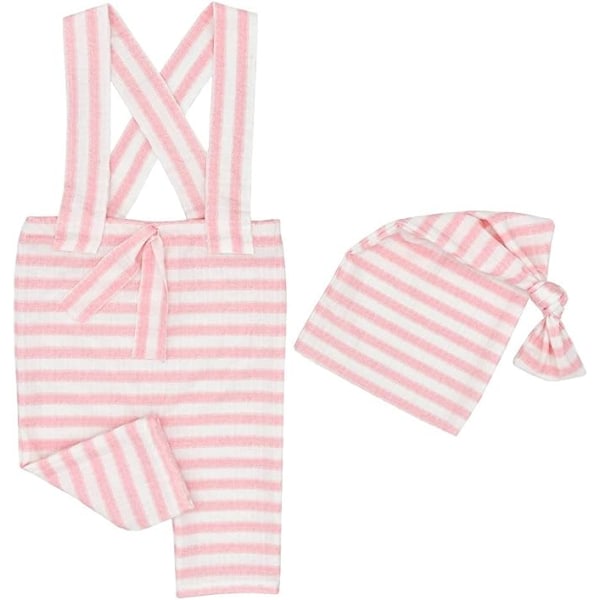 Nyfödd babyfotografering rekvisita kläder randig jumpsuit romper knut mössa för 0-2 månader（rosa） color 4