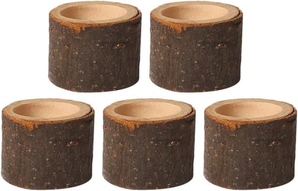 Pakke med 5 telysholdere i tre, telysholder i trestamme, dekorasjon (medium)