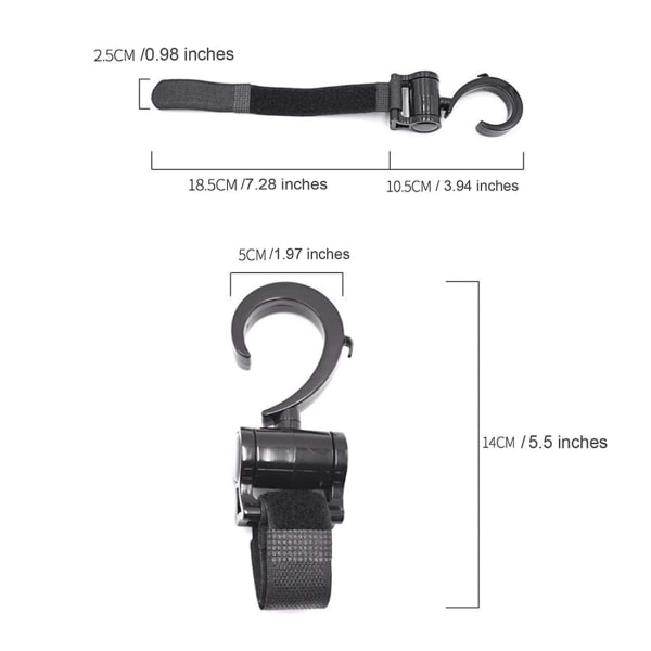 2 st barnvagnskrokar för skötväskor, släpvagnar i universell passform kardborreband